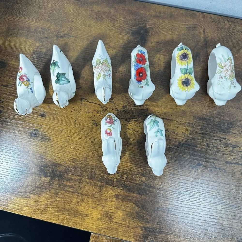 VTG Floral Porcelain‎ Bunny, Pig, Chicken Napkin Rings Spring 8pc Staffordshire